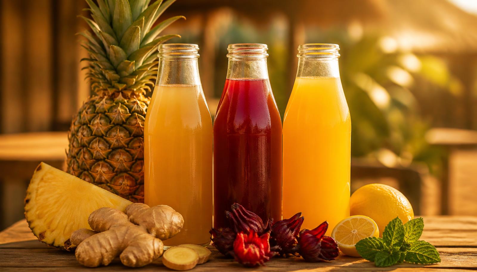 Bouteilles de jus naturels Tinedê et fruits frais